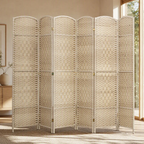 6 Ft Tall Folding Room Divider, 6 Panel Portable Privacy Screen, Light Oak