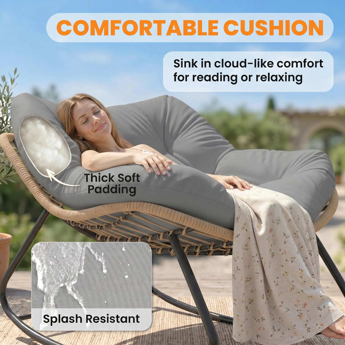 Papasan Rocking Chair, Oversized With Cushion, Grey Outdoor Rocking Chairs at Gallery Canada