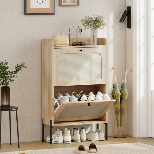 Shoe Cabinet With 2 Flip Drawers, Narrow Oak Storage