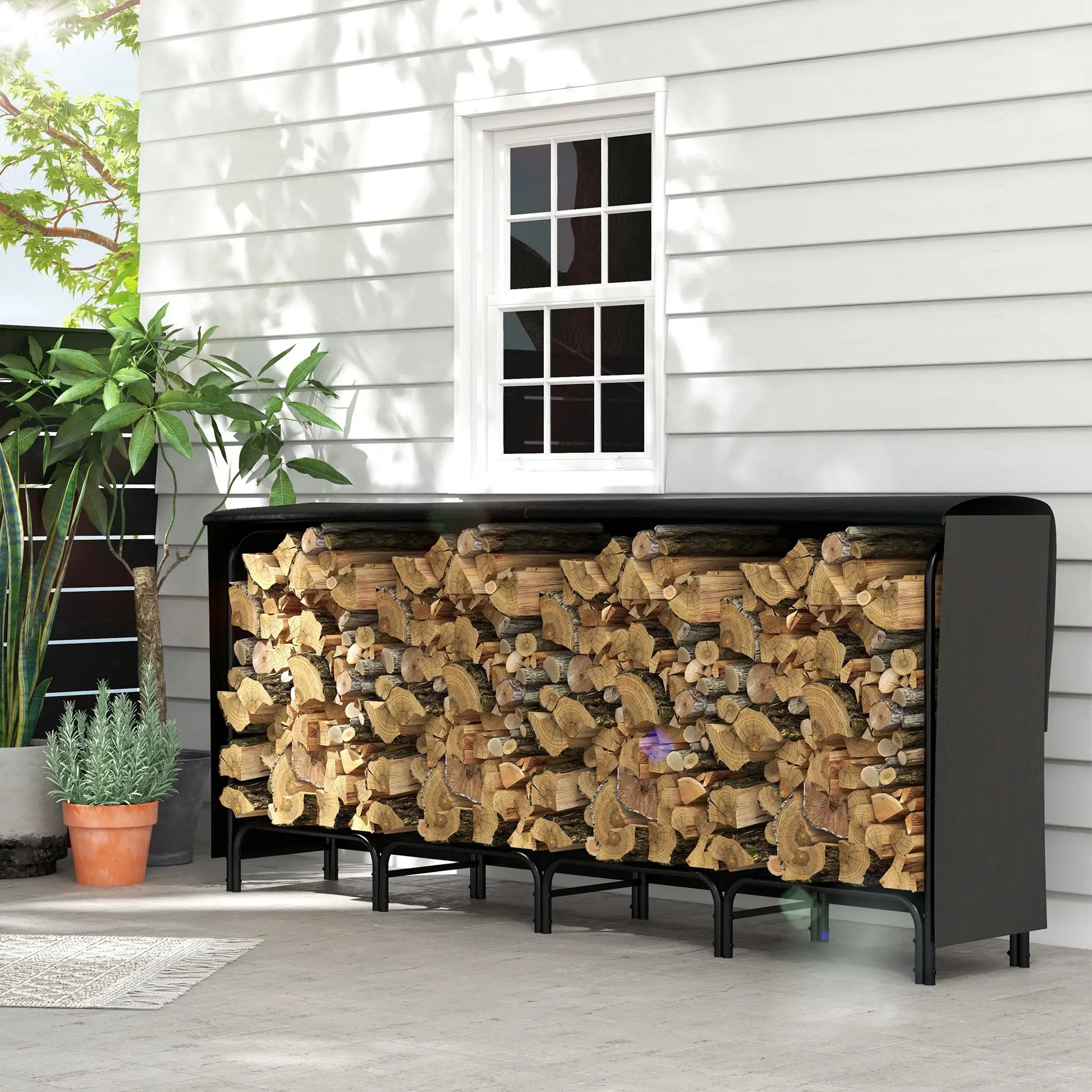 8ft Outdoor Firewood Rack With Cover, Adjustable Wood Storage, Black Firewood Racks at Gallery Canada