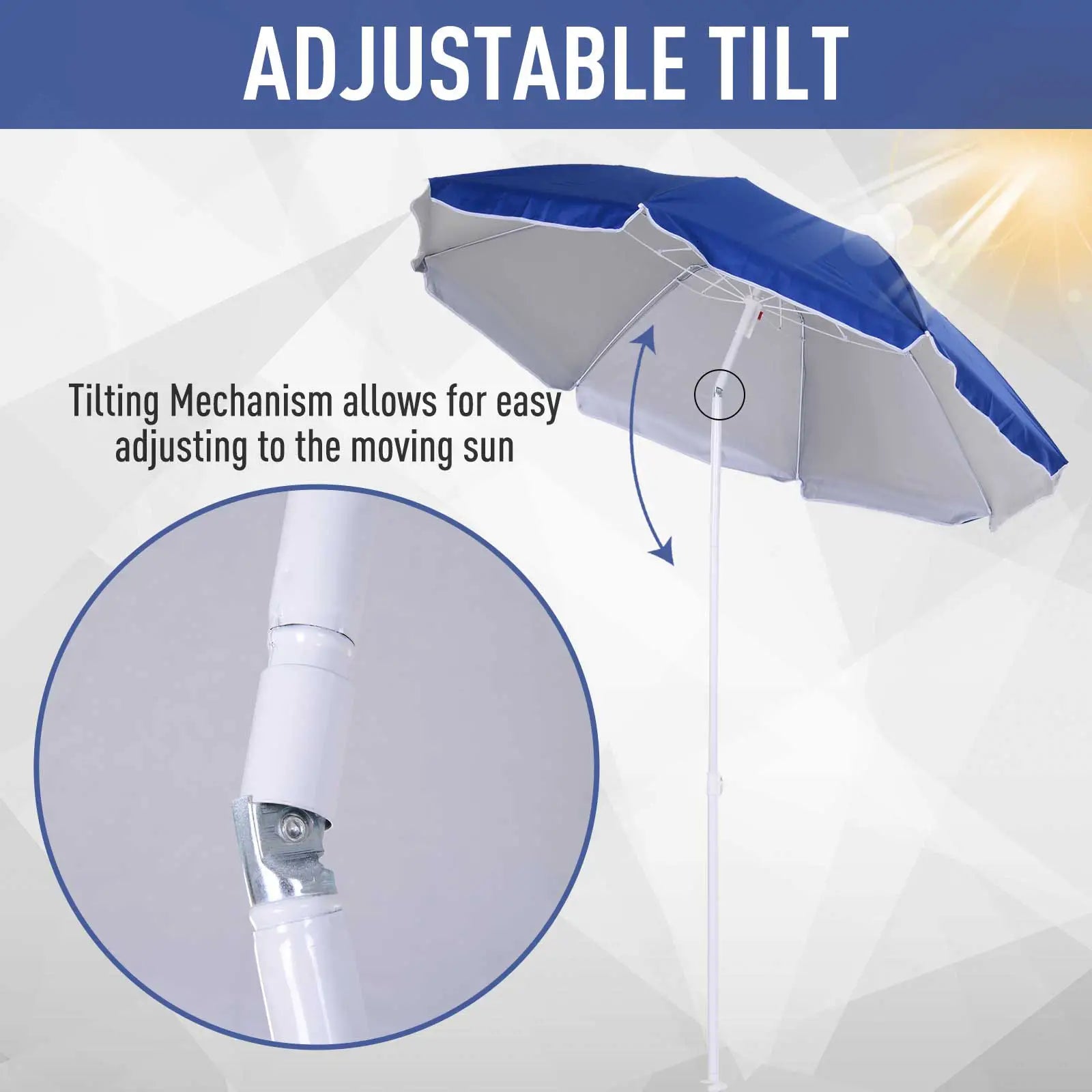 6.7ft Beach Umbrella, Push Button Tilt, Ruffled, Blue Beach Umbrellas at Gallery Canada