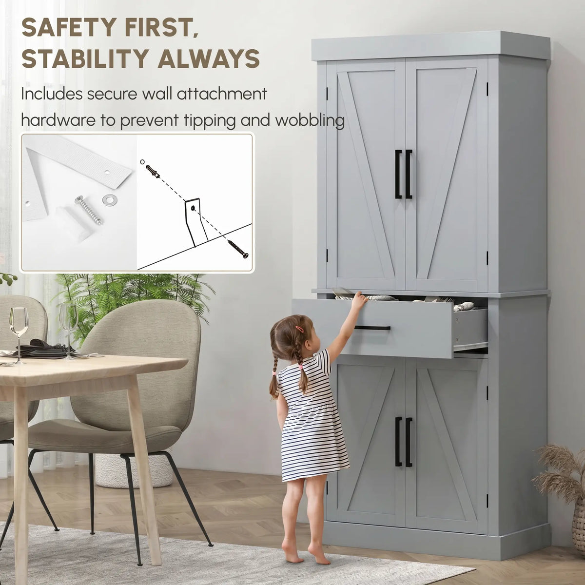 72" Kitchen Storage Cabinet, Farmhouse Pantry, 4 Barn Doors, Drawer, Adjustable Shelves, Grey Kitchen Pantry Cabinets at Gallery Canada