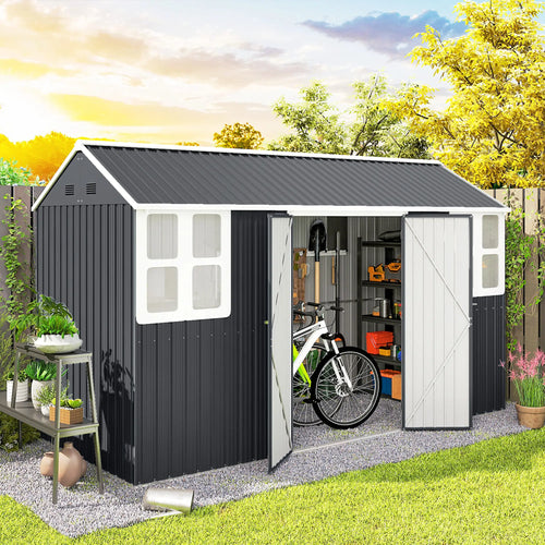 12' x 5.5' Metal Garden Shed, Outdoor Storage, Lockable Door, Dark Grey
