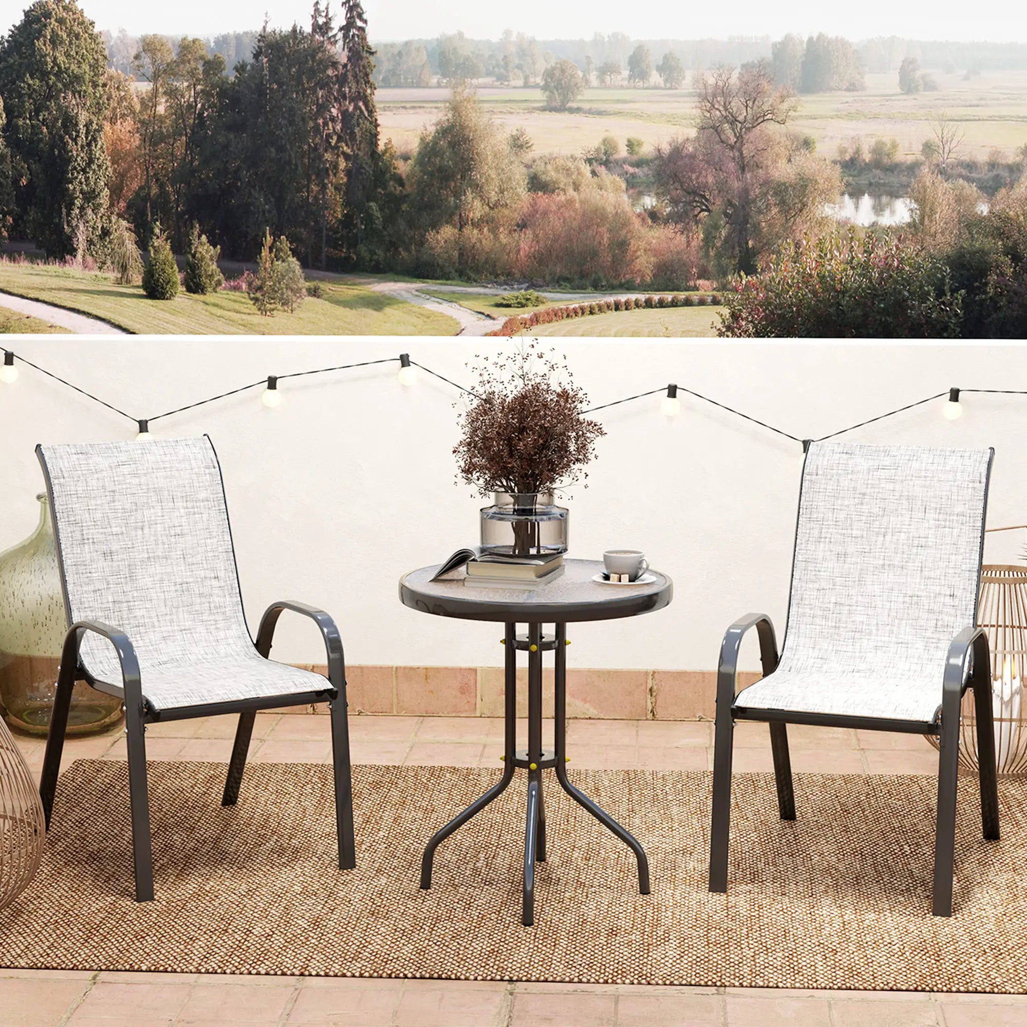 3 Piece Bistro Set, Stackable Mesh Chairs, Glass Table, Grey Bistro Sets at Gallery Canada