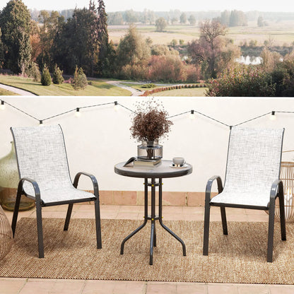 3 Piece Bistro Set, Stackable Mesh Chairs, Glass Table, Grey Bistro Sets at Gallery Canada