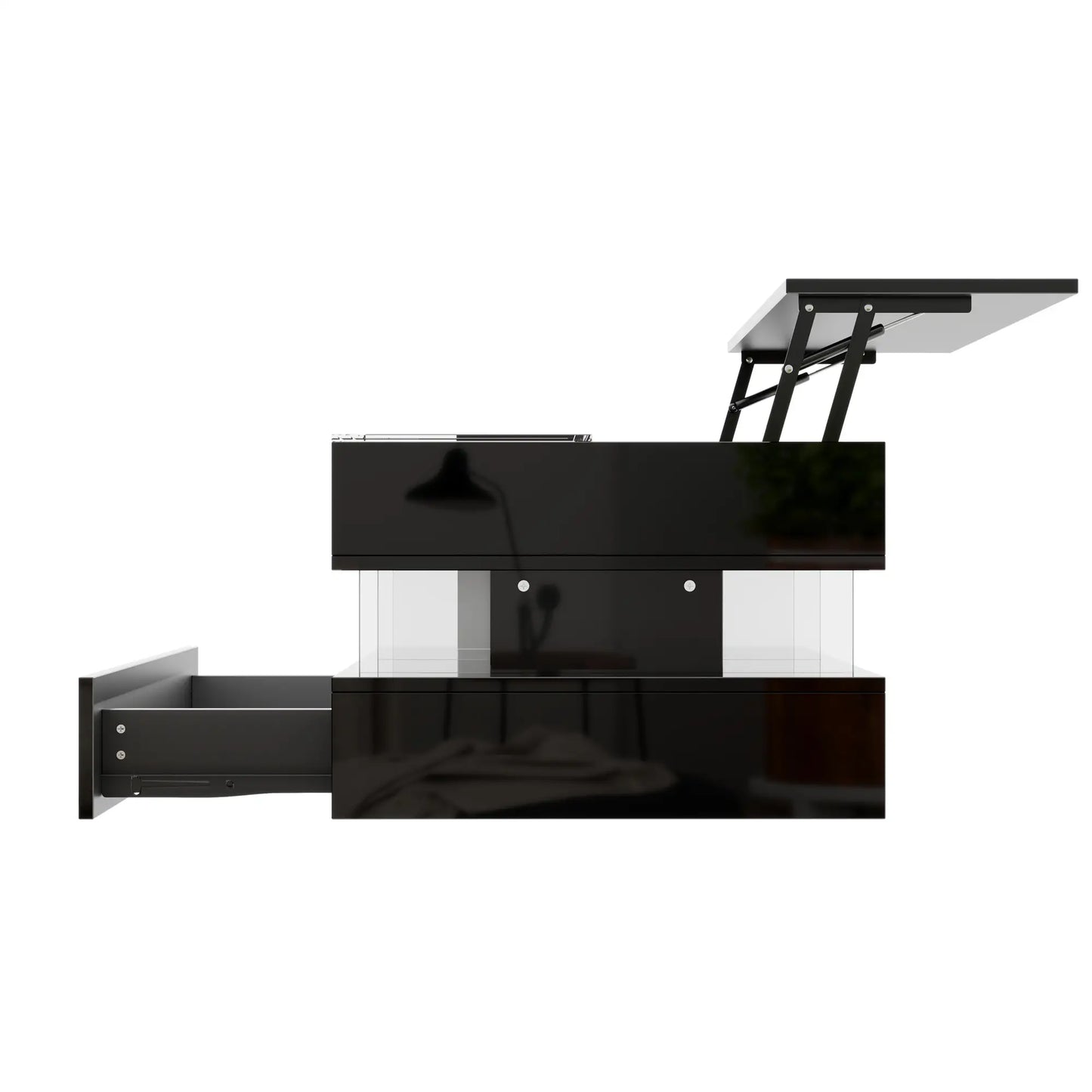 Glass Top LED Coffee Table, Storage Drawer, Adjustable Height, 26" L x 21.5" W x 21.5" H, Black Coffee Tables at Gallery Canada