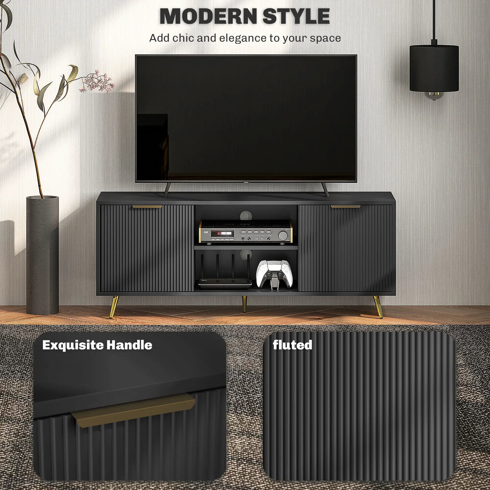 TV Stand for 55 Inch TV, Modern Cabinet with Shelves, Black TV Stands at Gallery Canada