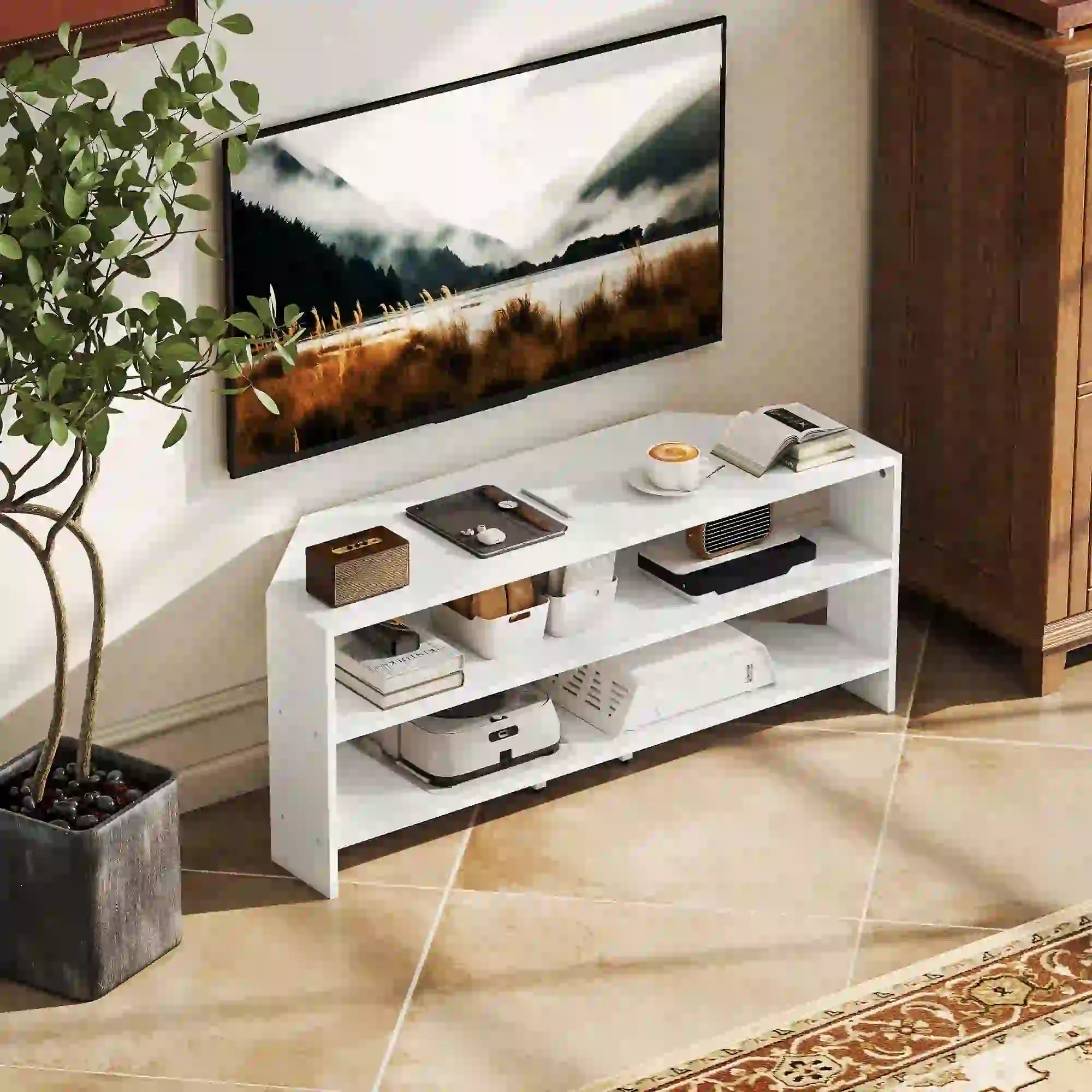 Corner TV Stand, Modern Table with 2 Shelves for 47 Inch TV, White TV Stands at Gallery Canada