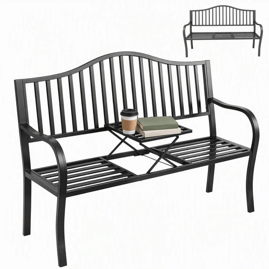 Outdoor Bench with Retractable Table, Metal Frame Patio Loveseat, Black Outdoor Benches Options at Gallery Canada