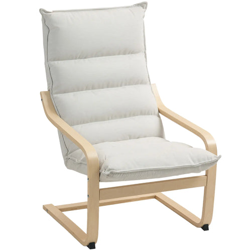 Birch Wood Fabric Modern Armchair, Curved Leg and Arm, Cream White