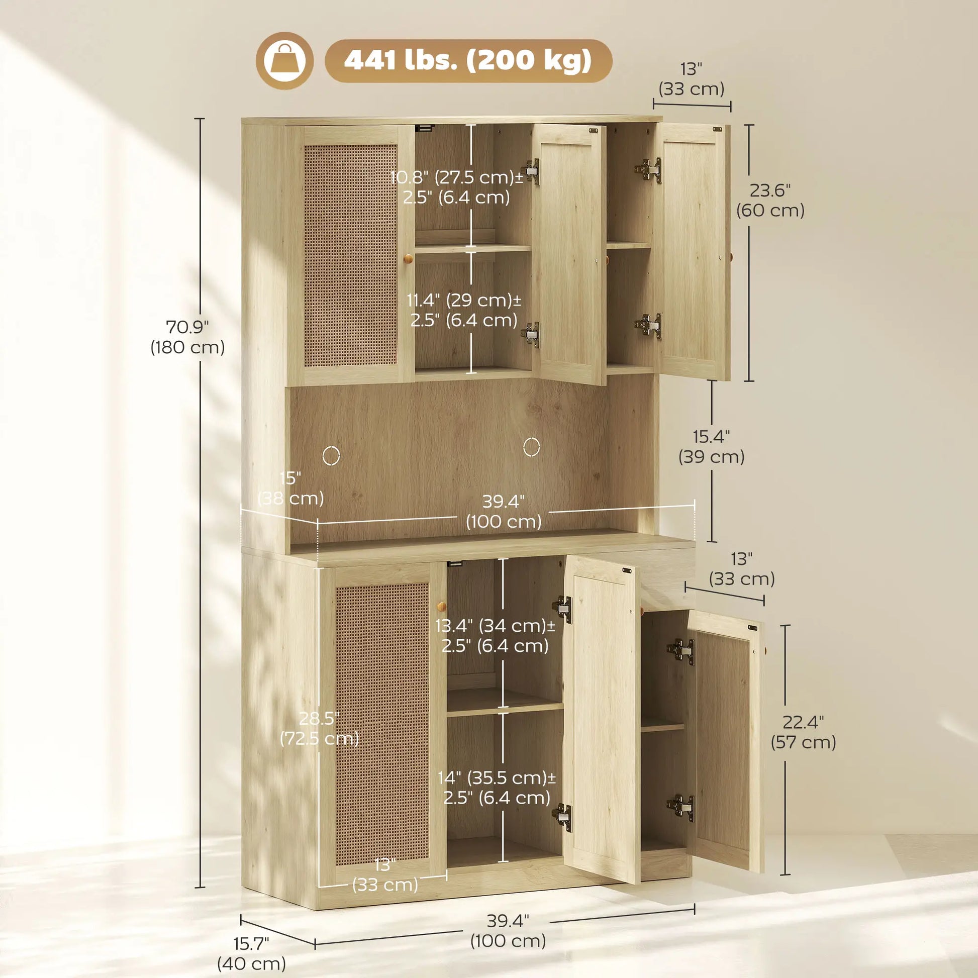71" Kitchen Hutch with Microwave Countertop, Boho Pantry Cabinet, Rattan Doors, Natural Kitchen Pantry Cabinets at Gallery Canada