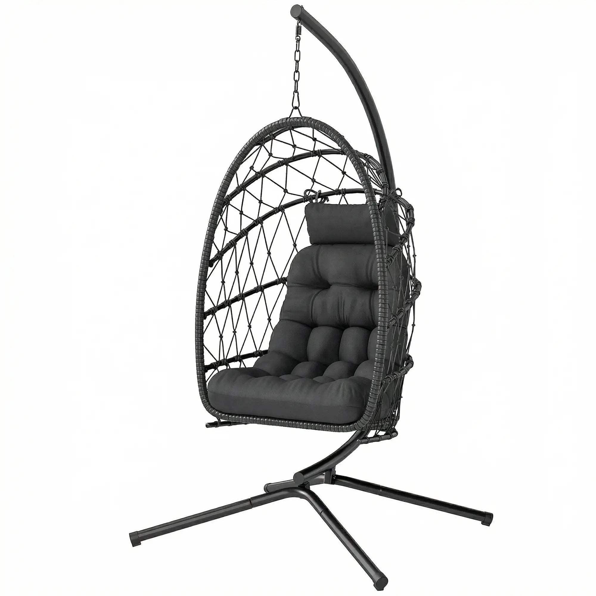 Hanging Egg Chair With Stand, Foldable Wicker Rattan Swing, Thick Cushion, Black Patio Swings with Stand Black at Gallery Canada