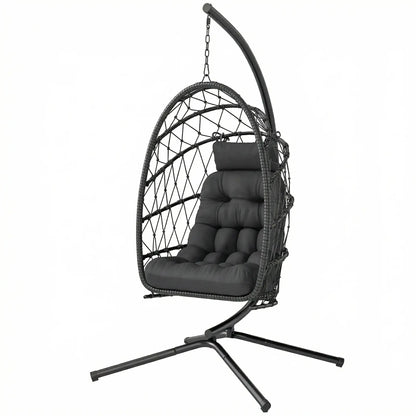 Hanging Egg Chair With Stand, Foldable Wicker Rattan Swing, Thick Cushion, Black Patio Swings with Stand Black at Gallery Canada