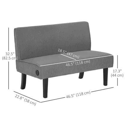 46.5" Loveseat Couch with USB Ports, Corduroy, Wood Legs, Grey 2-Seater Sofas at Gallery Canada
