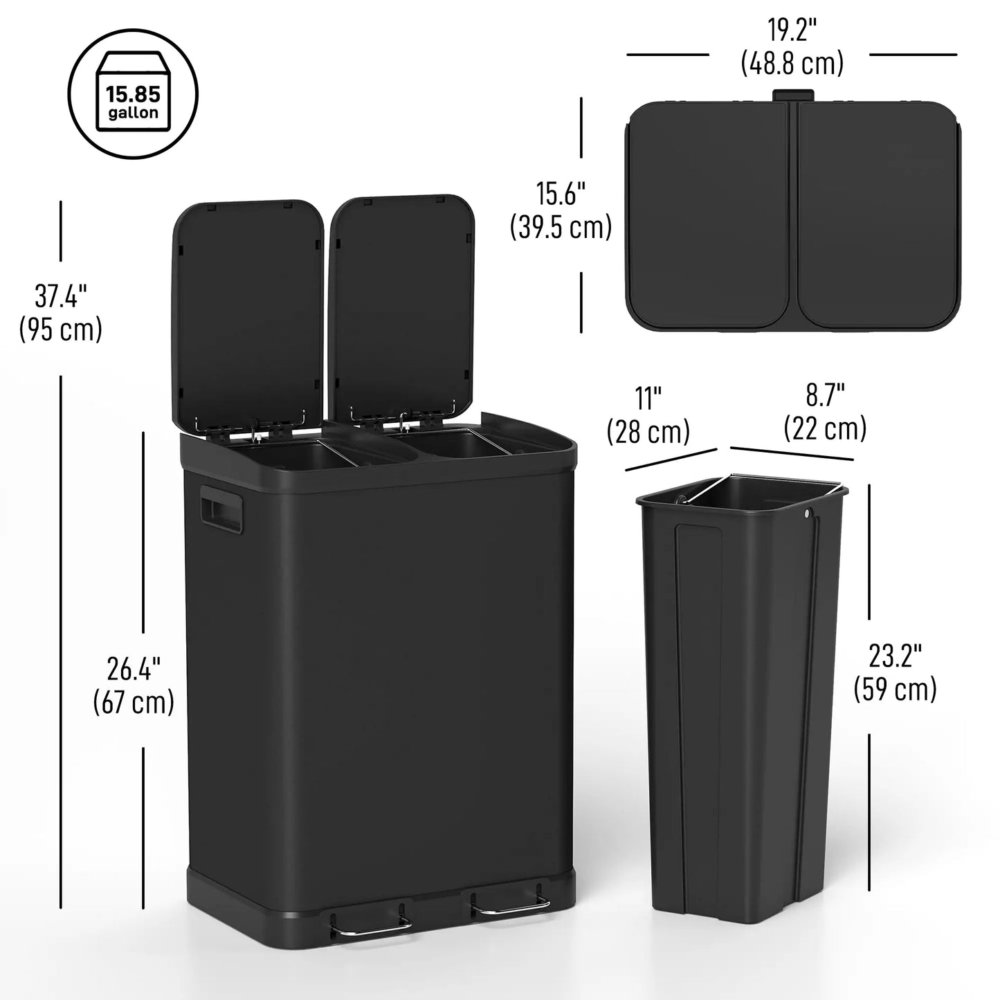 Kitchen Garbage Bin, 2 x 7.9 Gal, Soft-Close With Removable Buckets, Black Small Kitchen Appliances at Gallery Canada