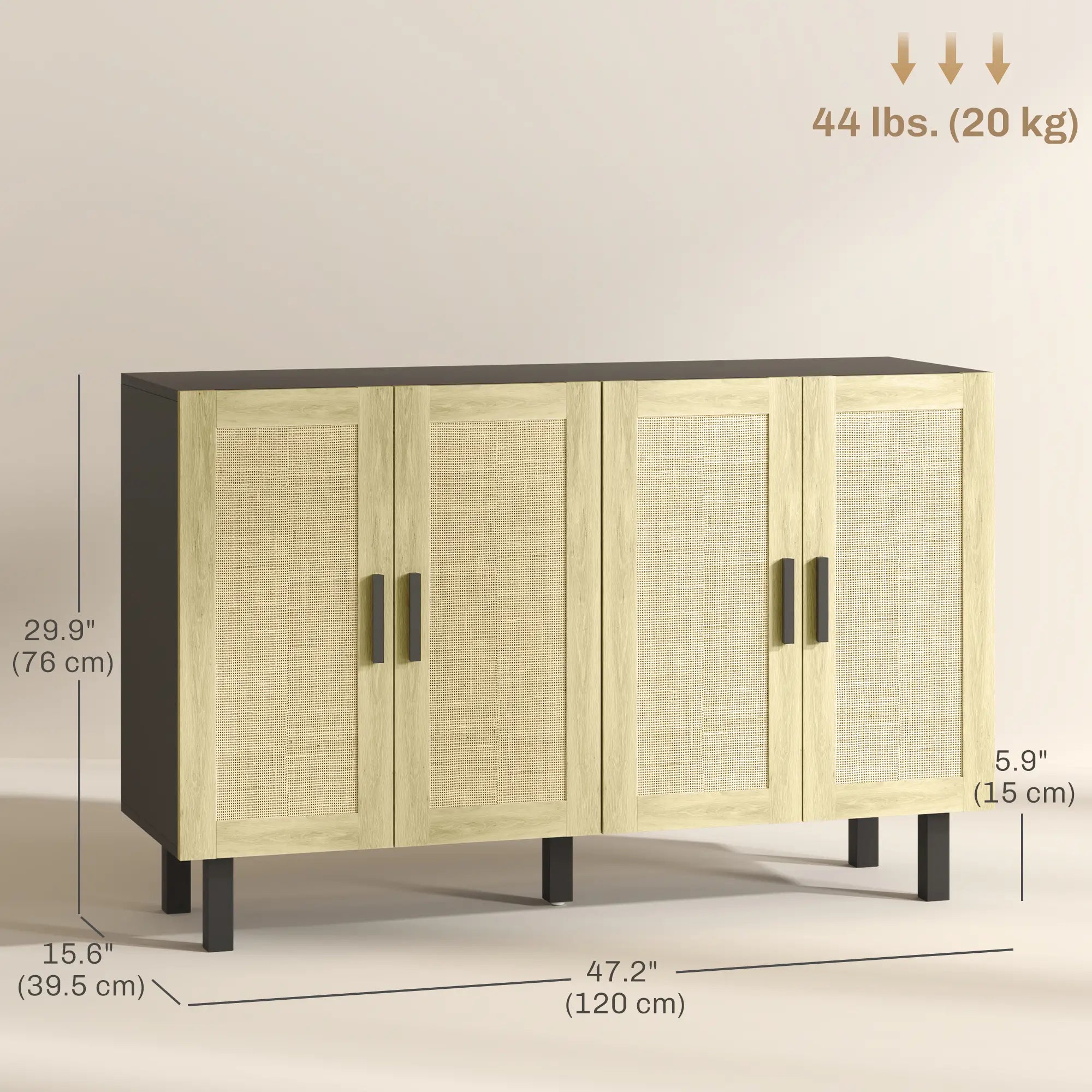 Boho Sideboard Cabinet, 4 Rattan Doors, Adjustable Shelves, Black Storage Cabinets at Gallery Canada