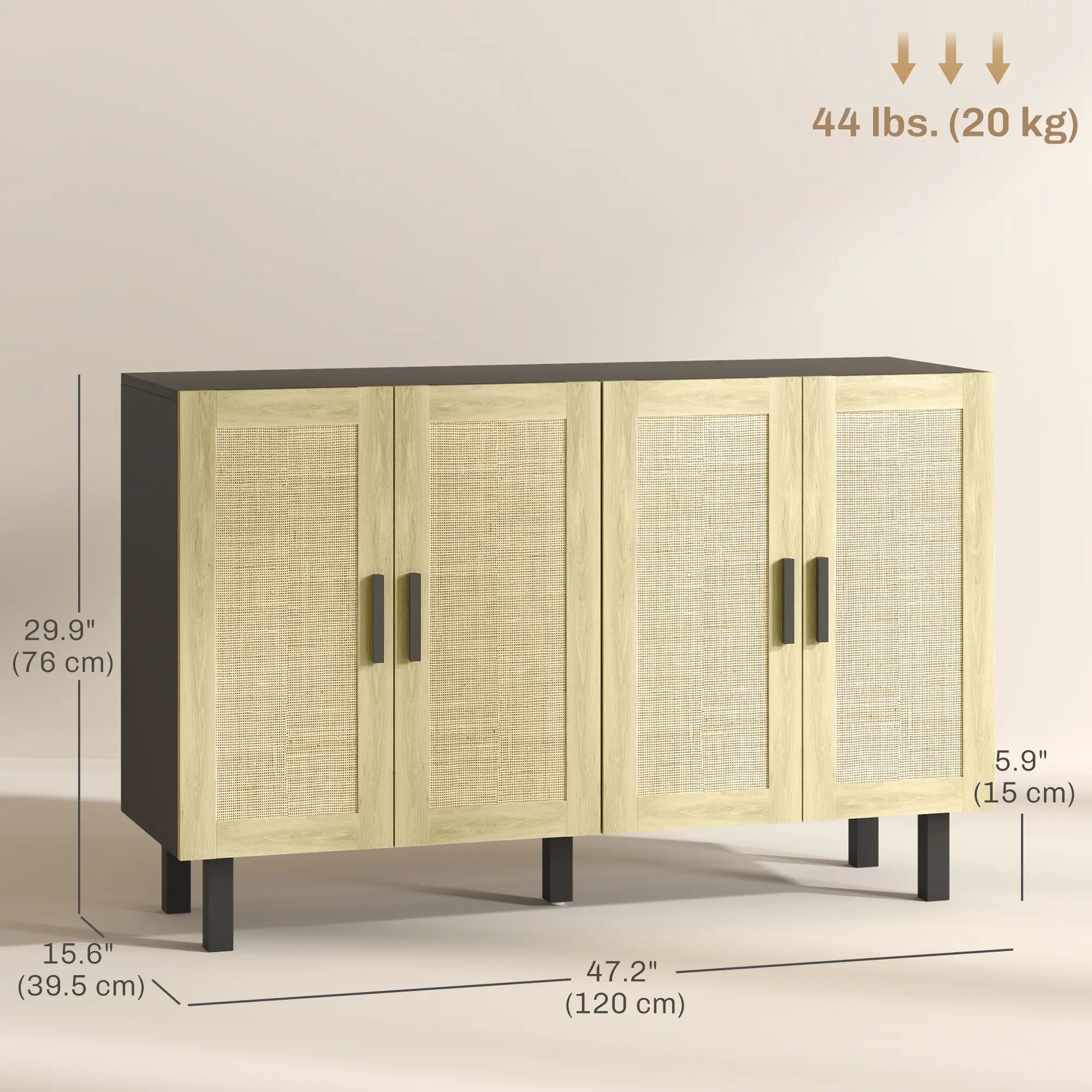 Boho Sideboard Cabinet, 4 Rattan Doors, Adjustable Shelves, Black Storage Cabinets at Gallery Canada