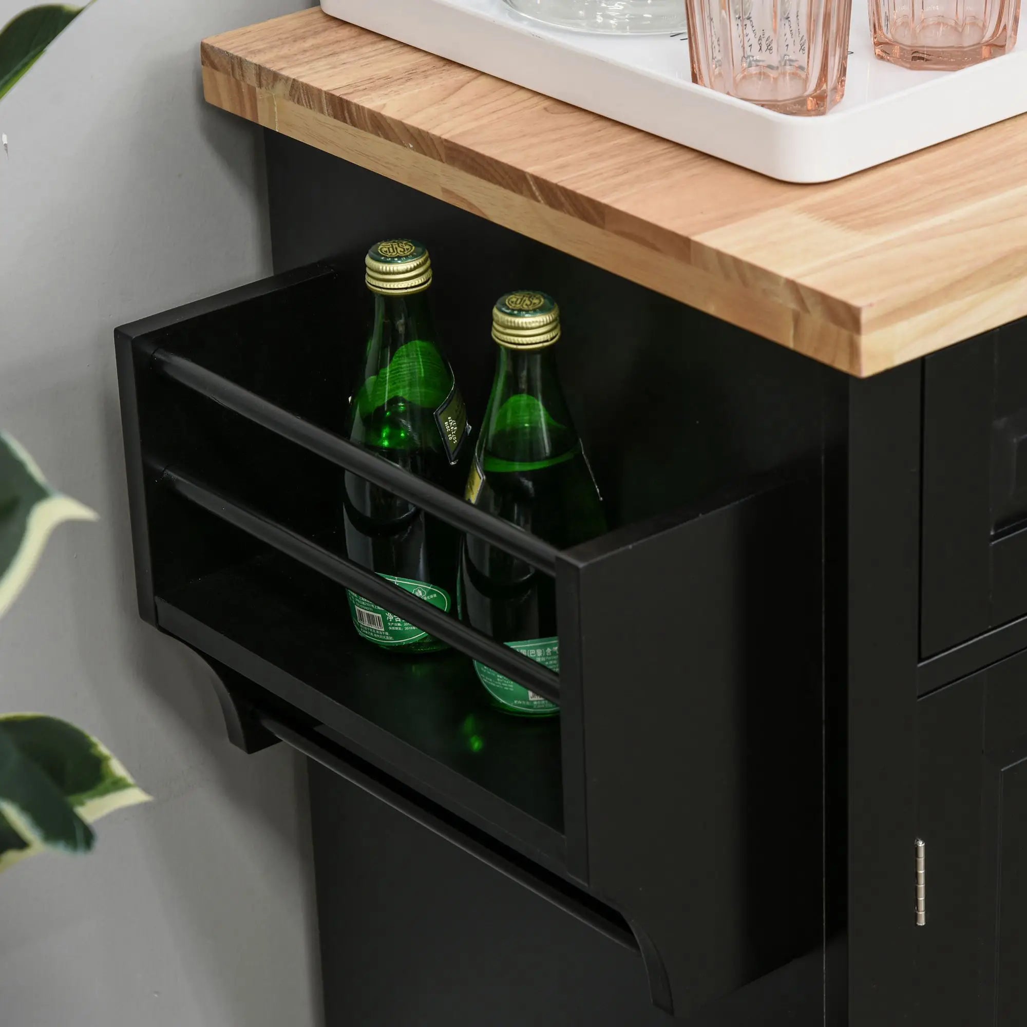 Kitchen Island with Storage, Rolling Trolley Cart with Rubber Wood Top, Spice Rack, Towel Rack, Black Kitchen Islands & Kitchen Carts at Gallery Canada