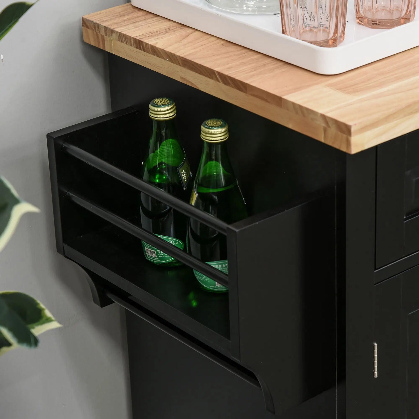 Kitchen Island with Storage, Rolling Trolley Cart with Rubber Wood Top, Spice Rack, Towel Rack, Black Kitchen Islands & Kitchen Carts at Gallery Canada