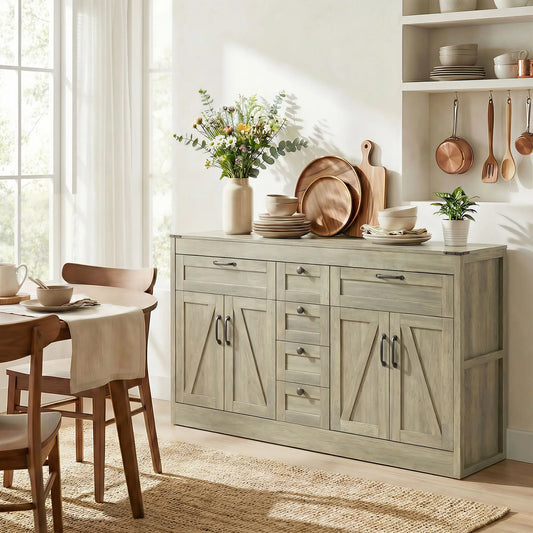 55" Farmhouse Sideboard Buffet Cabinet, 4 Barn Doors, 6 Drawers, Grey Bar Cabinets Grey Wood Grain at Gallery Canada