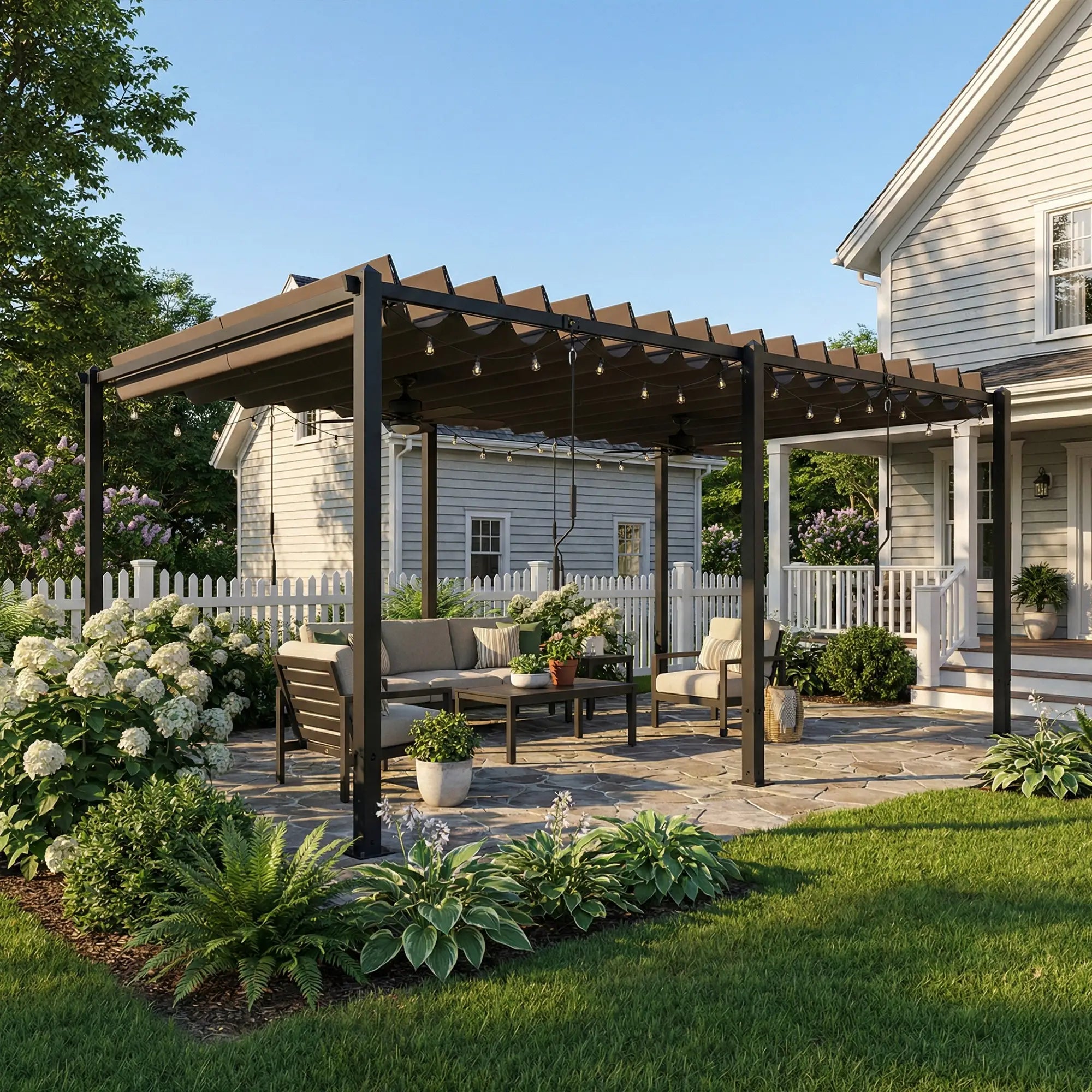 10' x 19' Dark Grey Louvered Pergola, UPF50+ Adjustable Roof, Aluminum Frame, Dark Grey Pergolas at Gallery Canada