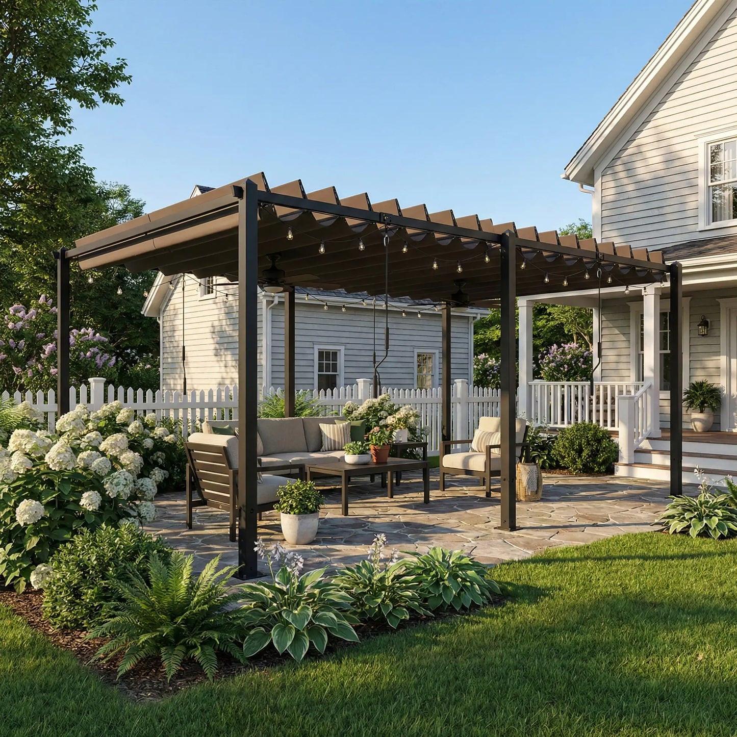 10' x 19' Dark Grey Louvered Pergola, UPF50+ Adjustable Roof, Aluminum Frame, Dark Grey Pergolas at Gallery Canada