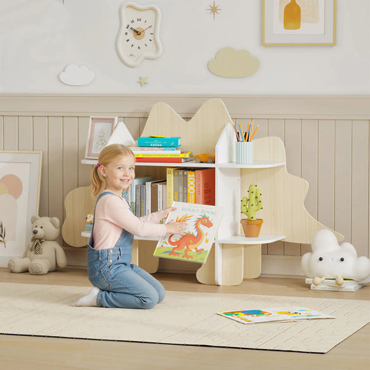 Dinosaur Kids Bookshelf, 2 Tier Bookcase, Natural Bookshelves & Bookcases Natural, White at Gallery Canada