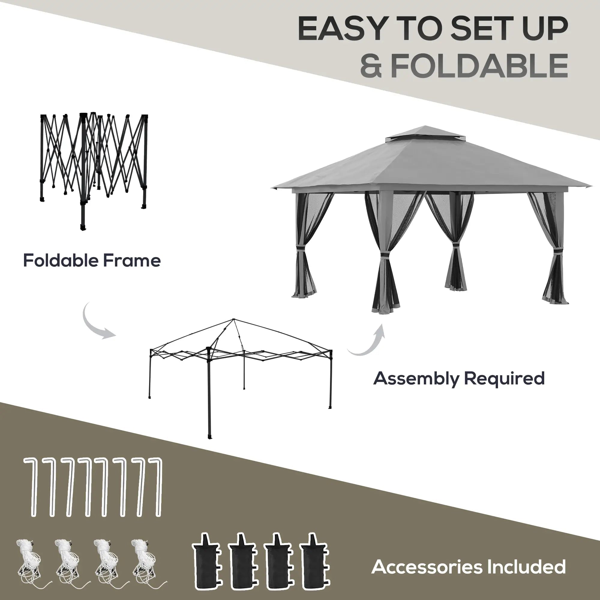 13' x 13' Pop Up Canopy, 2-Tier Roof Tent with Net, Carry Bag, Grey Pop Up Canopies at Gallery Canada