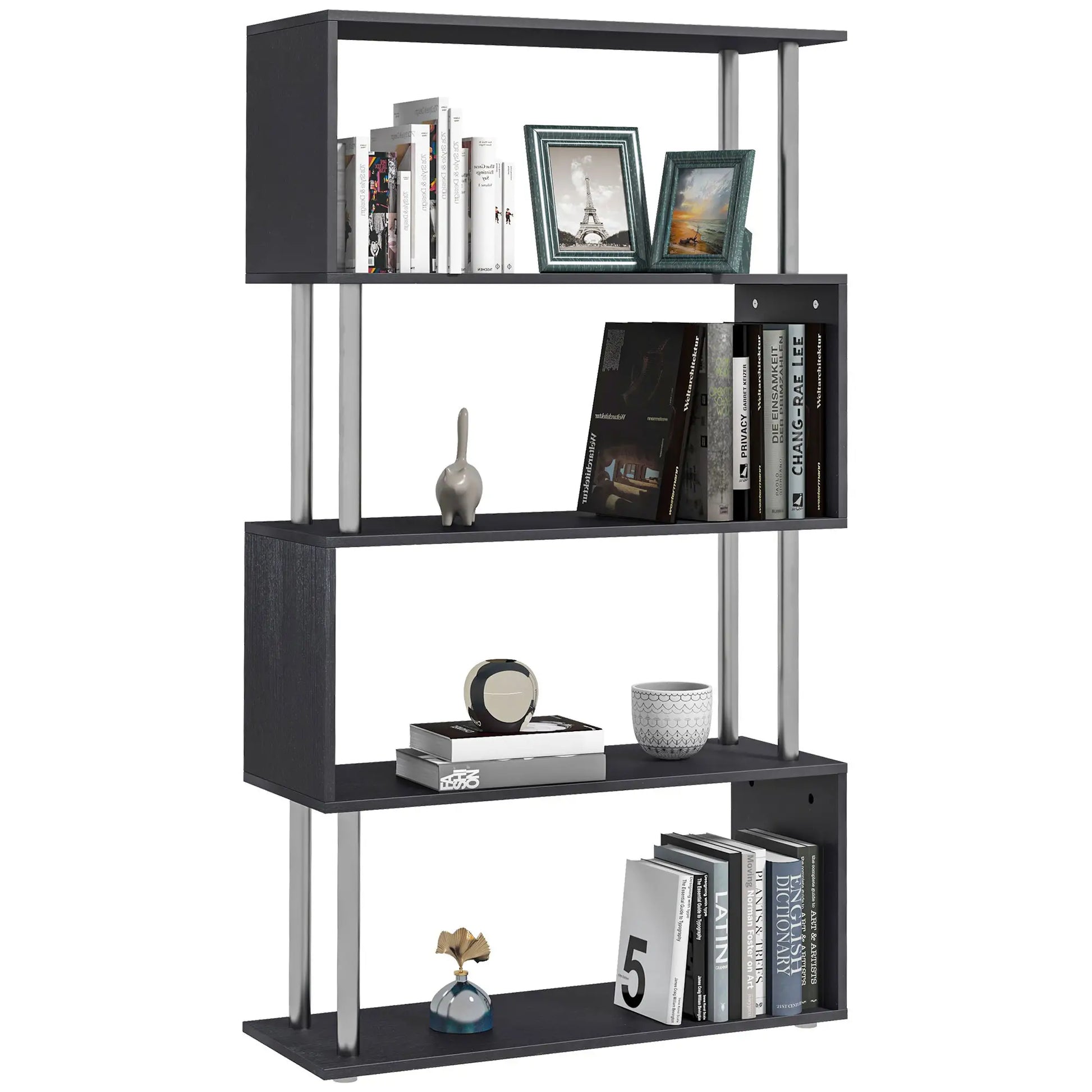 5-Tier Geometric Wooden Bookcase, S-Shaped Storage, Black Display Bookshelves at Gallery Canada