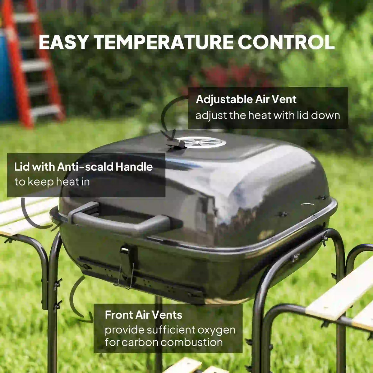 Charcoal BBQ Grill, 1840 cm² Cooking Area, 3 Shelves, Adjustable Vent, Black Charcoal BBQ Grils at Gallery Canada