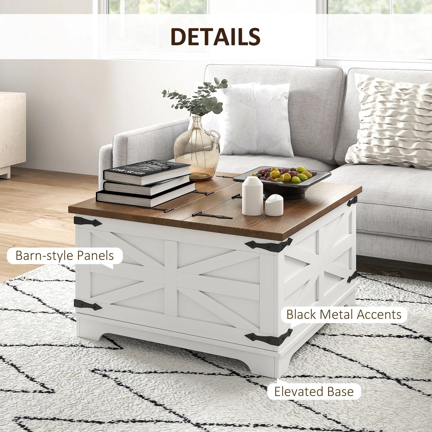 Farmhouse Coffee Table, Square Flip-Top Lid, Hidden Storage, White Coffee Tables at Gallery Canada