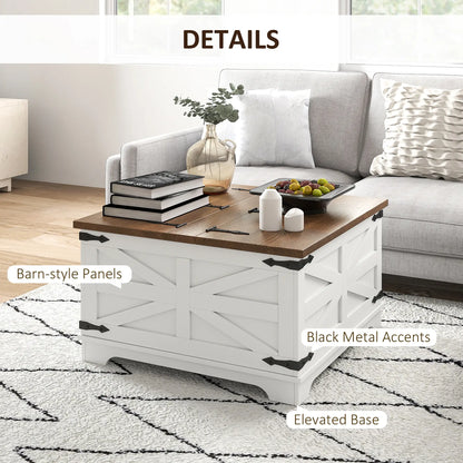 Farmhouse Coffee Table, Square Flip-Top Lid, Hidden Storage, White Coffee Tables at Gallery Canada