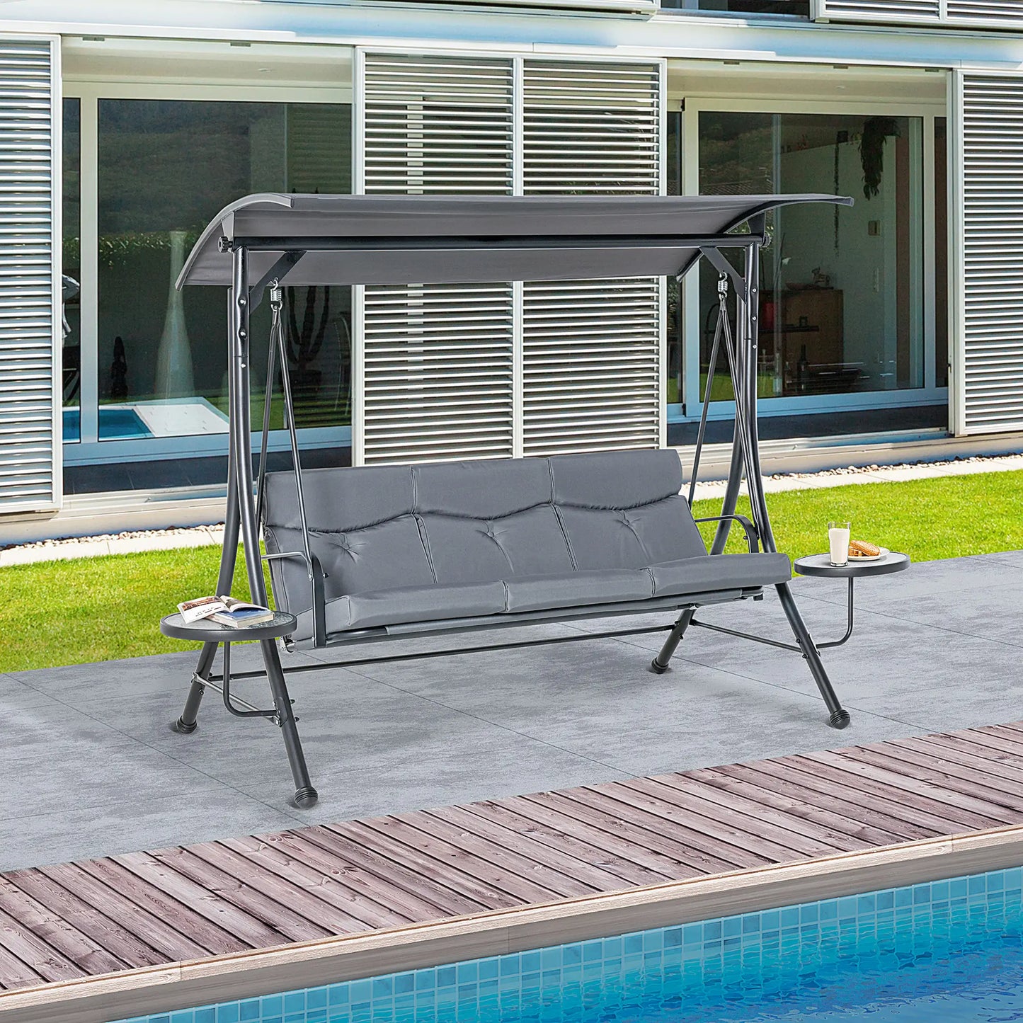 3 Seat Outdoor Swing Chair, Steel Bench With Canopy, Coffee Tables, Cushion, Dark Grey Patio Swings with Stand at Gallery Canada