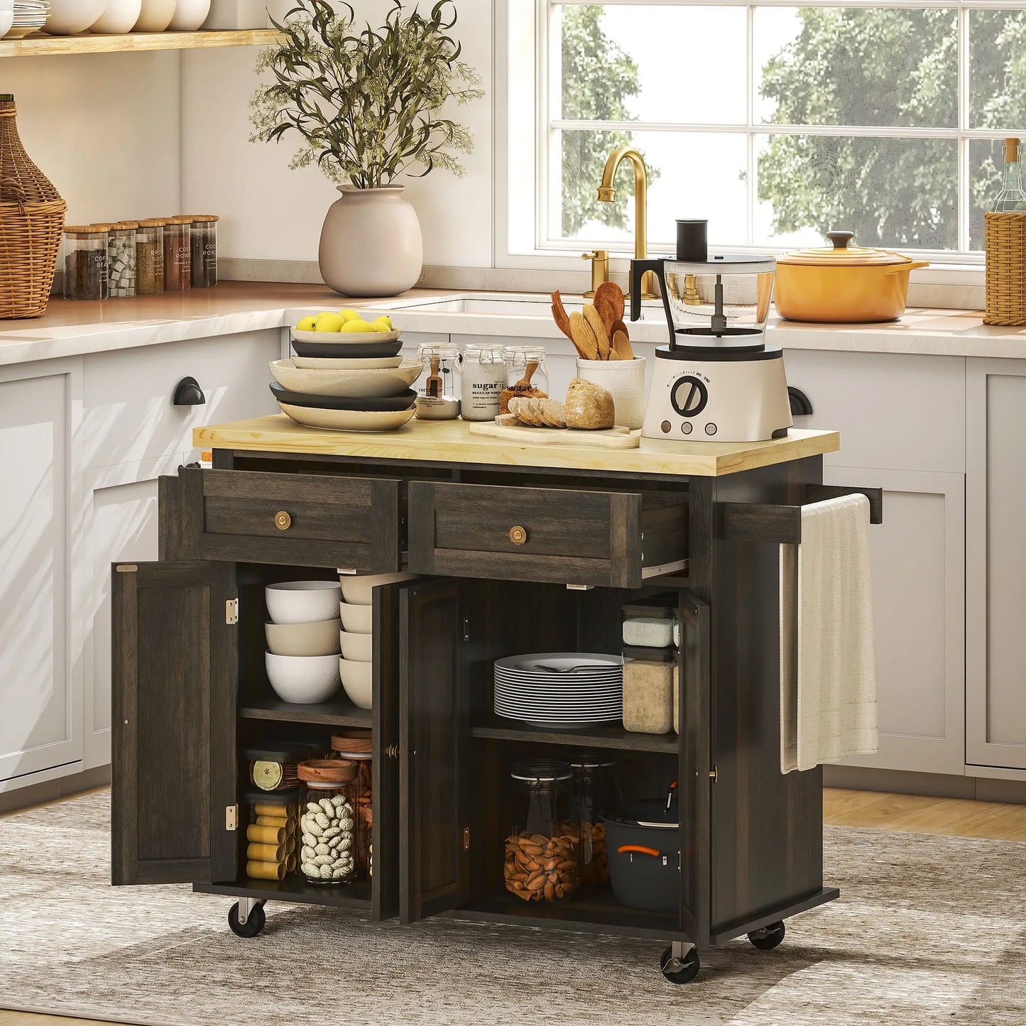 Kitchen Island with Storage, Rolling Cart, Rubber Wood Top, Brown Oak, Brown Kitchen Islands & Kitchen Carts at Gallery Canada