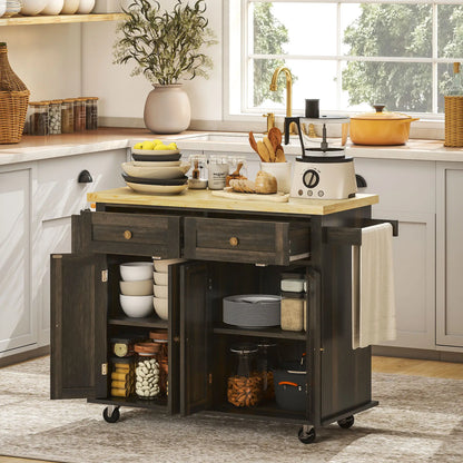 Kitchen Island with Storage, Rolling Cart, Rubber Wood Top, Brown Oak, Brown Kitchen Islands & Kitchen Carts at Gallery Canada