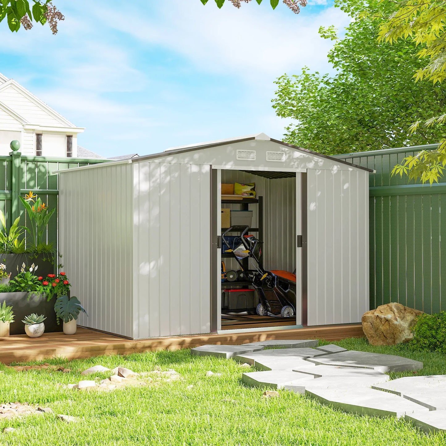 9.1' x 6.4' x 6.3' Garden Storage Shed, Foundation Kit, Metal Tool House, Double Doors, Silver Sheds at Gallery Canada