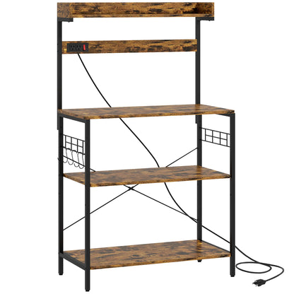 Kitchen Baker's Rack with Power Outlet, Coffee Bar Station with Adjustable Shelves and Hooks, Rustic Brown Bar Cabinets Rustic Brown, Black at Gallery Canada