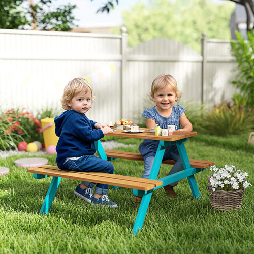 Kids Outdoor Table Set Wooden Toddler Picnic Table Benches for 4, Natural Wood