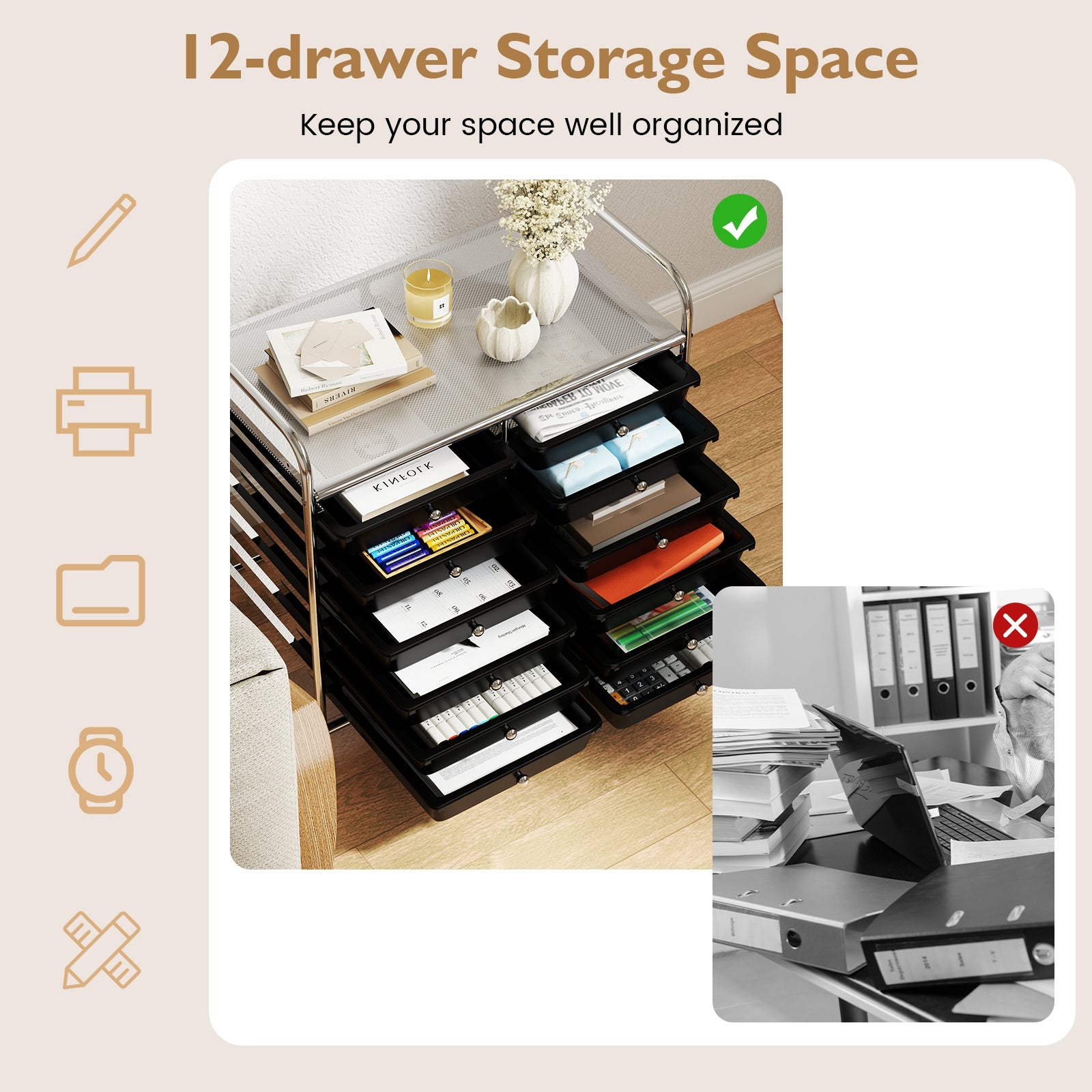 12 Drawers Rolling Storage Cart for Home and Office, Black File Cabinets at Gallery Canada