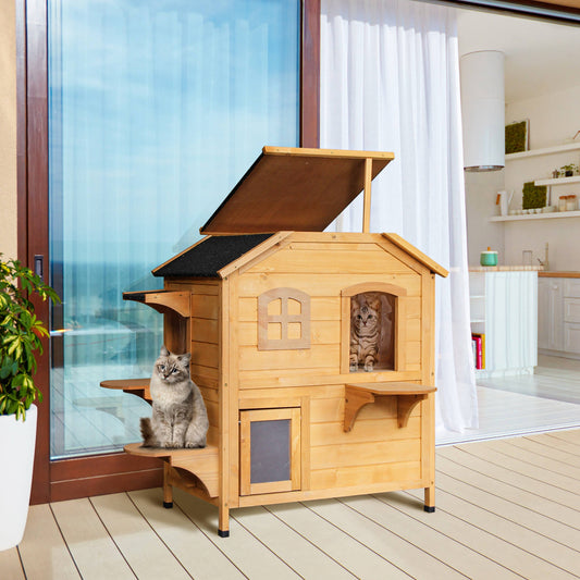 Wood Outdoor Cat House 2-Stories Catio for Cats with Indoor Lounge Space, Fun Entrances, Yellow - Gallery Canada