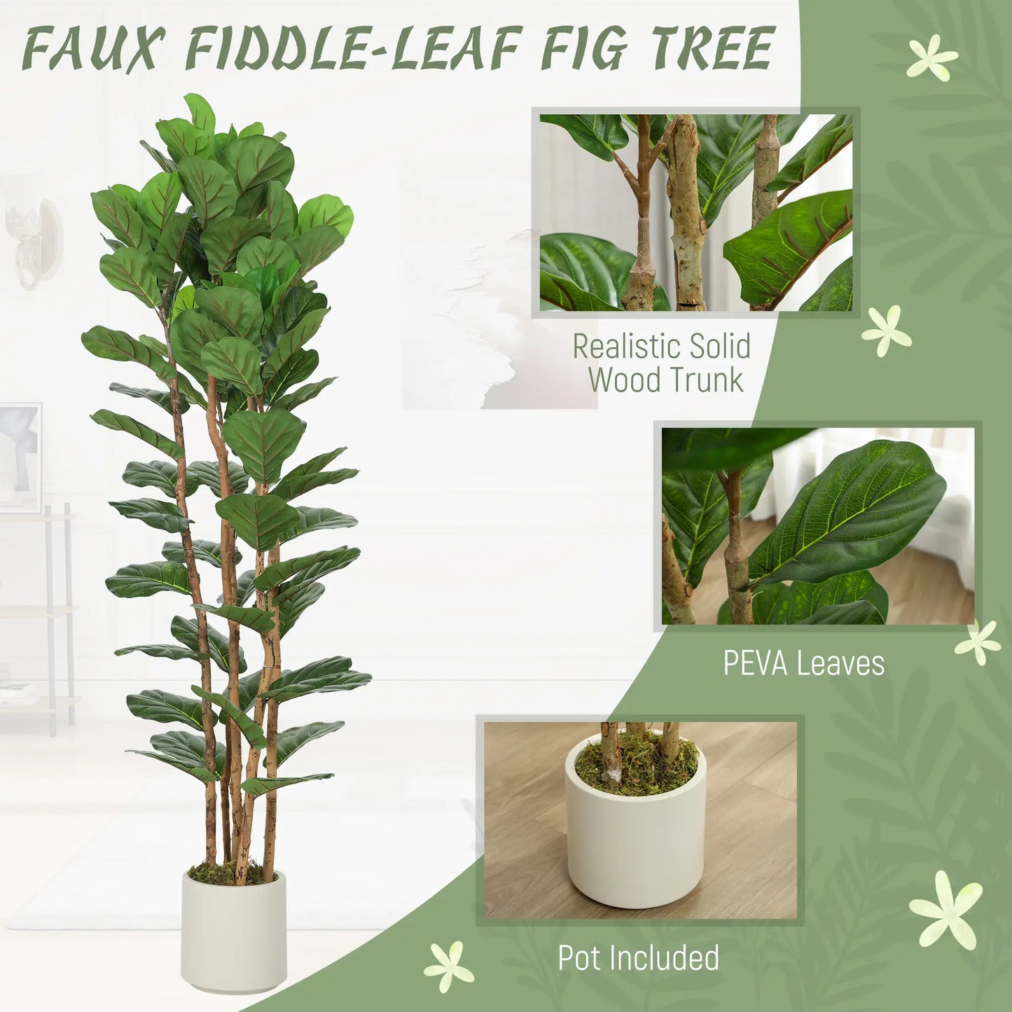 6FT Artificial Fiddle Leaf Fig Tree Set Of 2, Fake Potted Tree, Green Artificial Trees at Gallery Canada