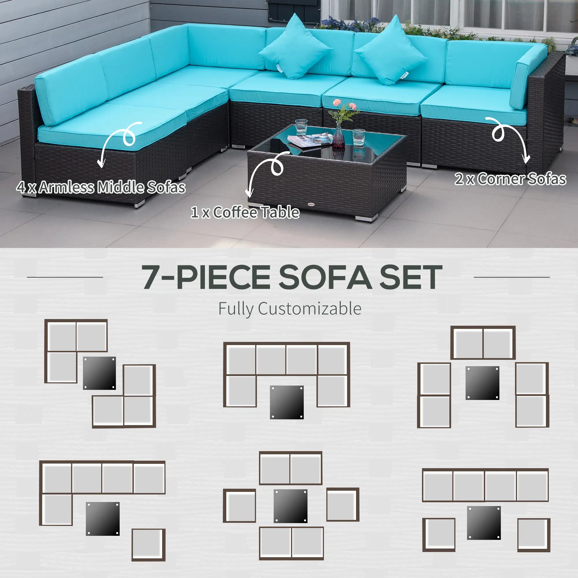 7-Piece Outdoor Wicker Sectional Sofa, Deep Coffee, Light Blue Patio Furniture Sets at Gallery Canada
