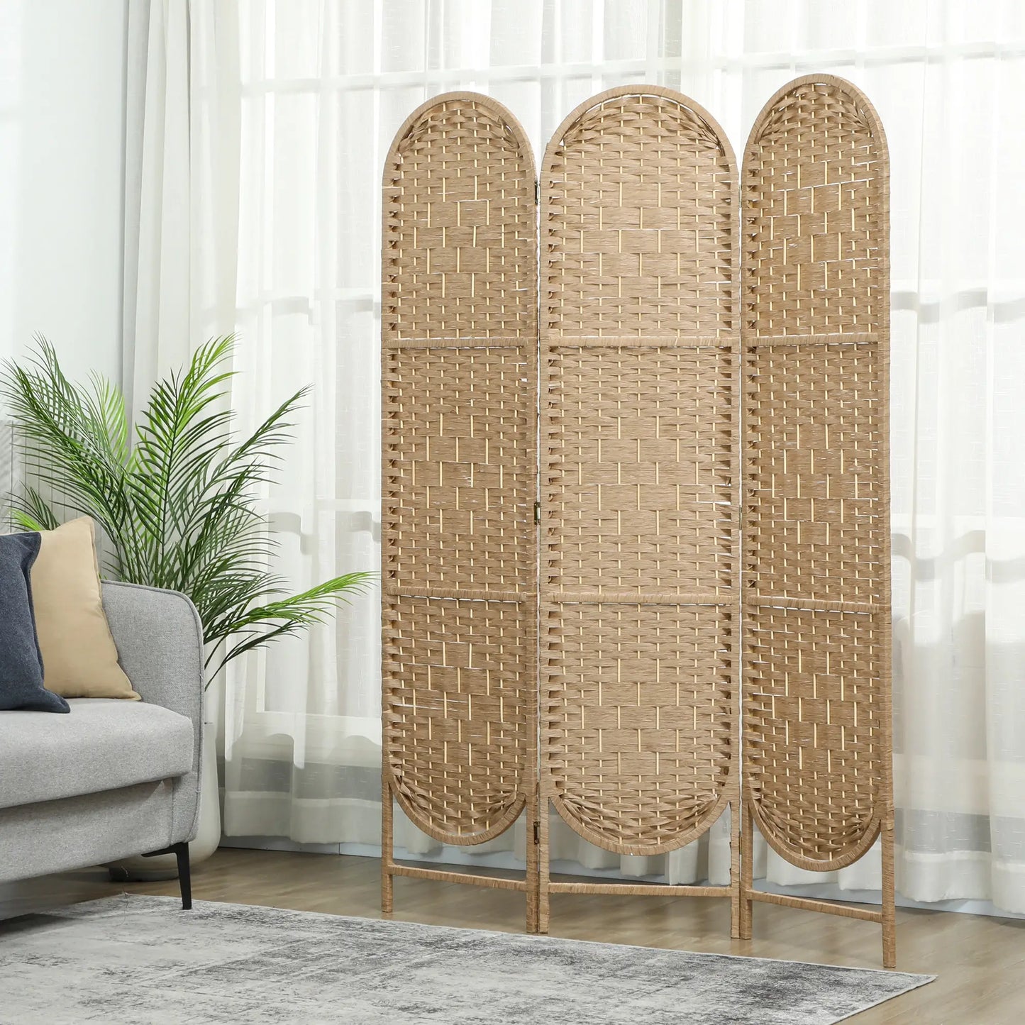 3 Panel Bohemian Privacy Screen, Arched Top Room Divider, Natural Wood
