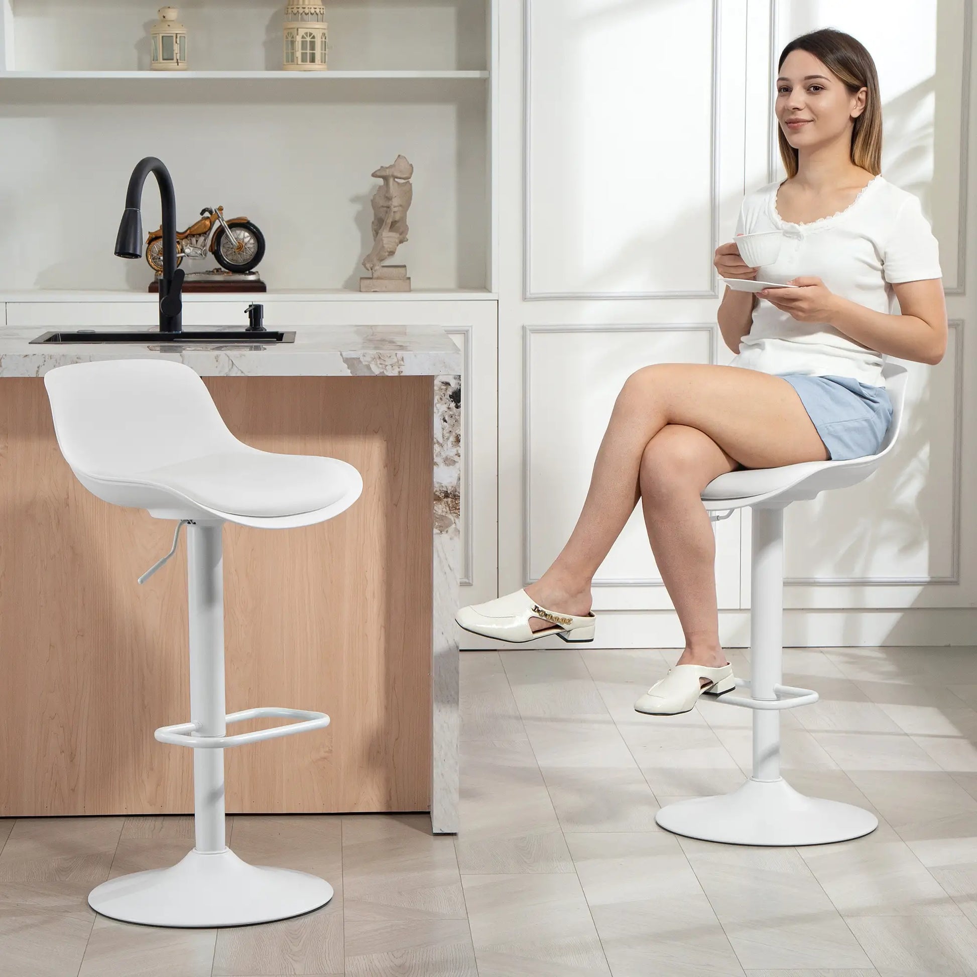 Counter Height Bar Stools Set of 2, Adjustable Swivel PU Leather, White Bar Stools at Gallery Canada