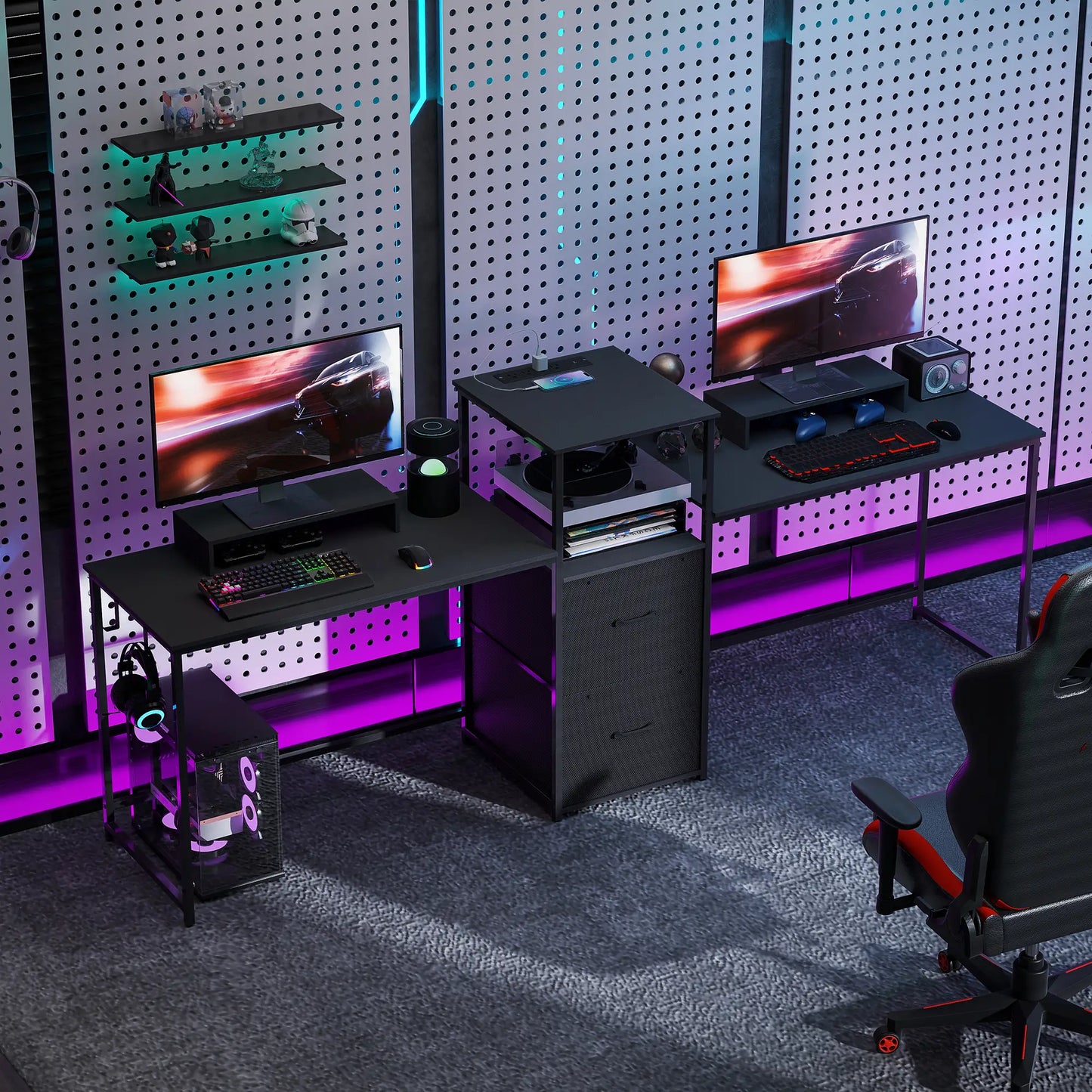 Bureau de jeu de 96 pouces, Bureau double pour ordinateurs, Noir