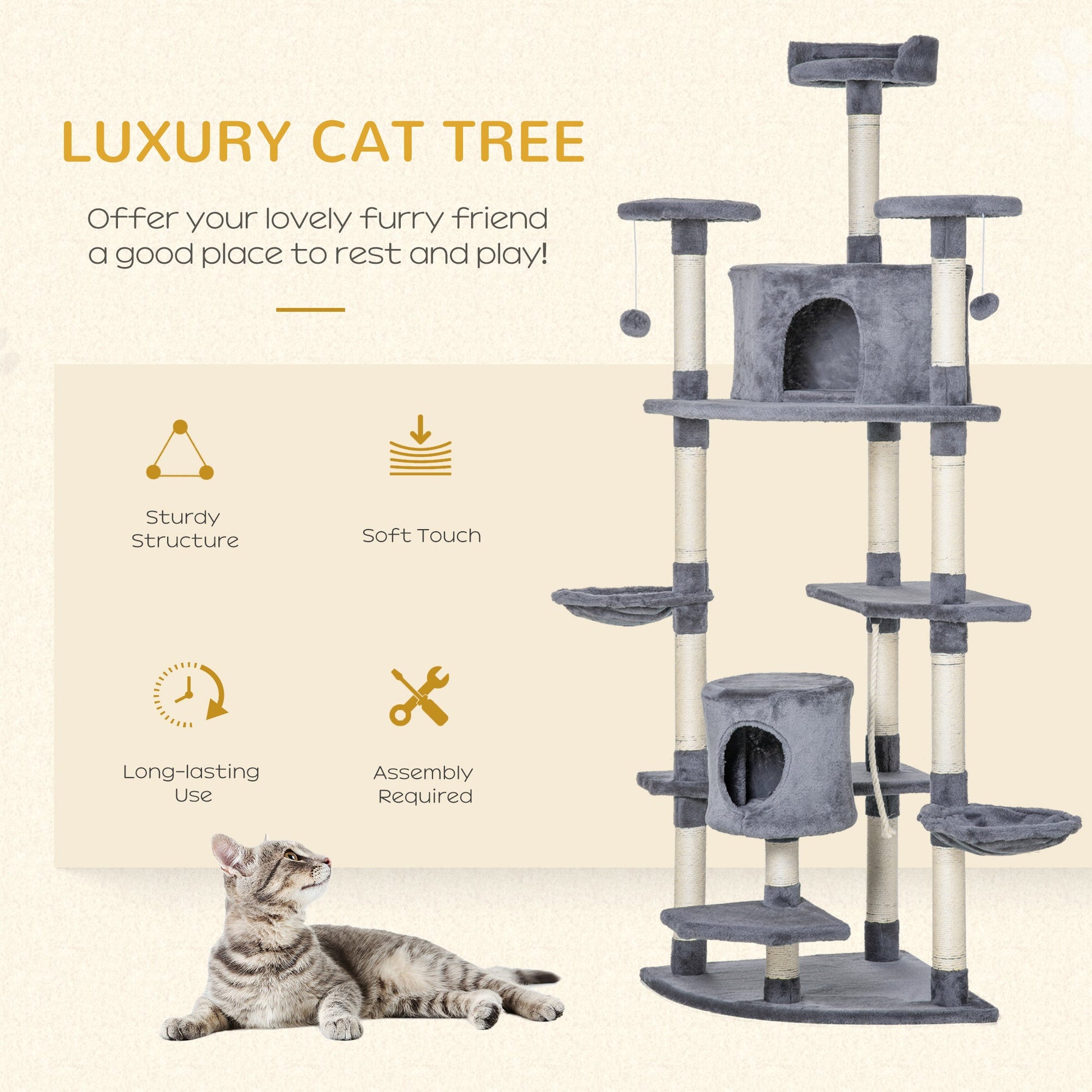 79" Cat Tree Multi-Level with Two Condos, Kitty Tower with Scratching Posts, Two Hammocks, Perches, Interactive Toys, Dark Gray - Gallery Canada