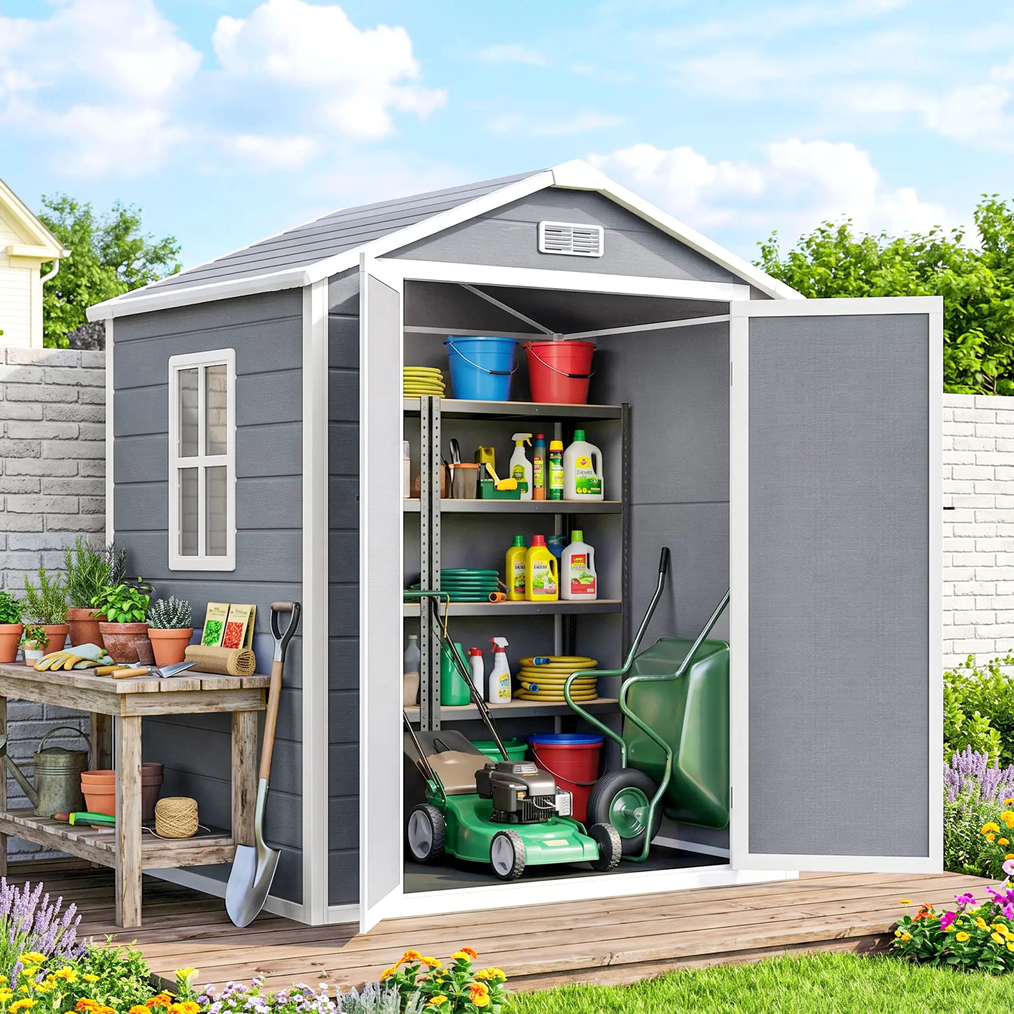 6x4.5ft Plastic Garden Shed, Lockable Tool Storage, Double Doors, Vent, Gray Sheds at Gallery Canada