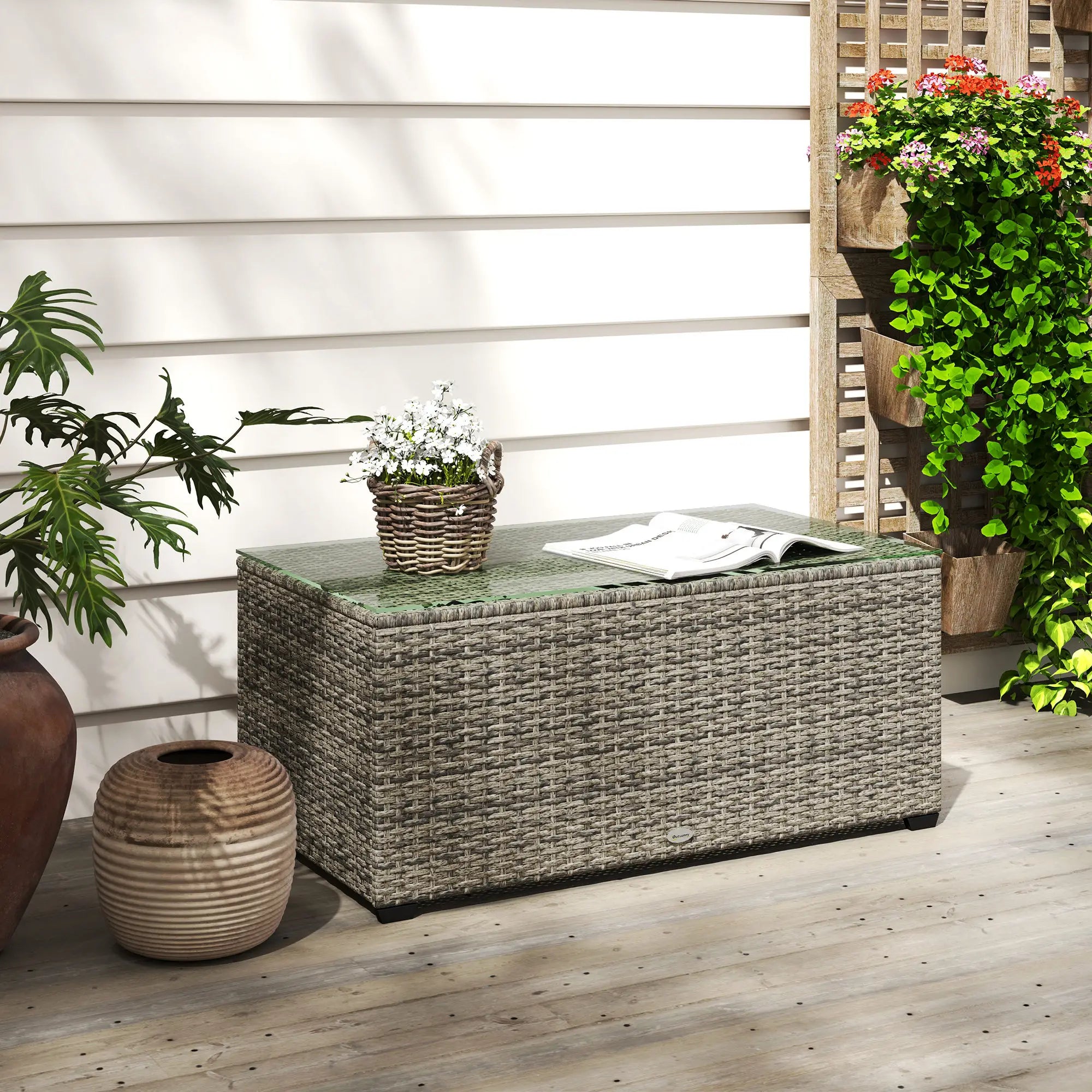 PE Wicker Outdoor Coffee Table, Rectangular Patio Table With Tempered Glass Top, Dark Grey Patio Side Tables at Gallery Canada