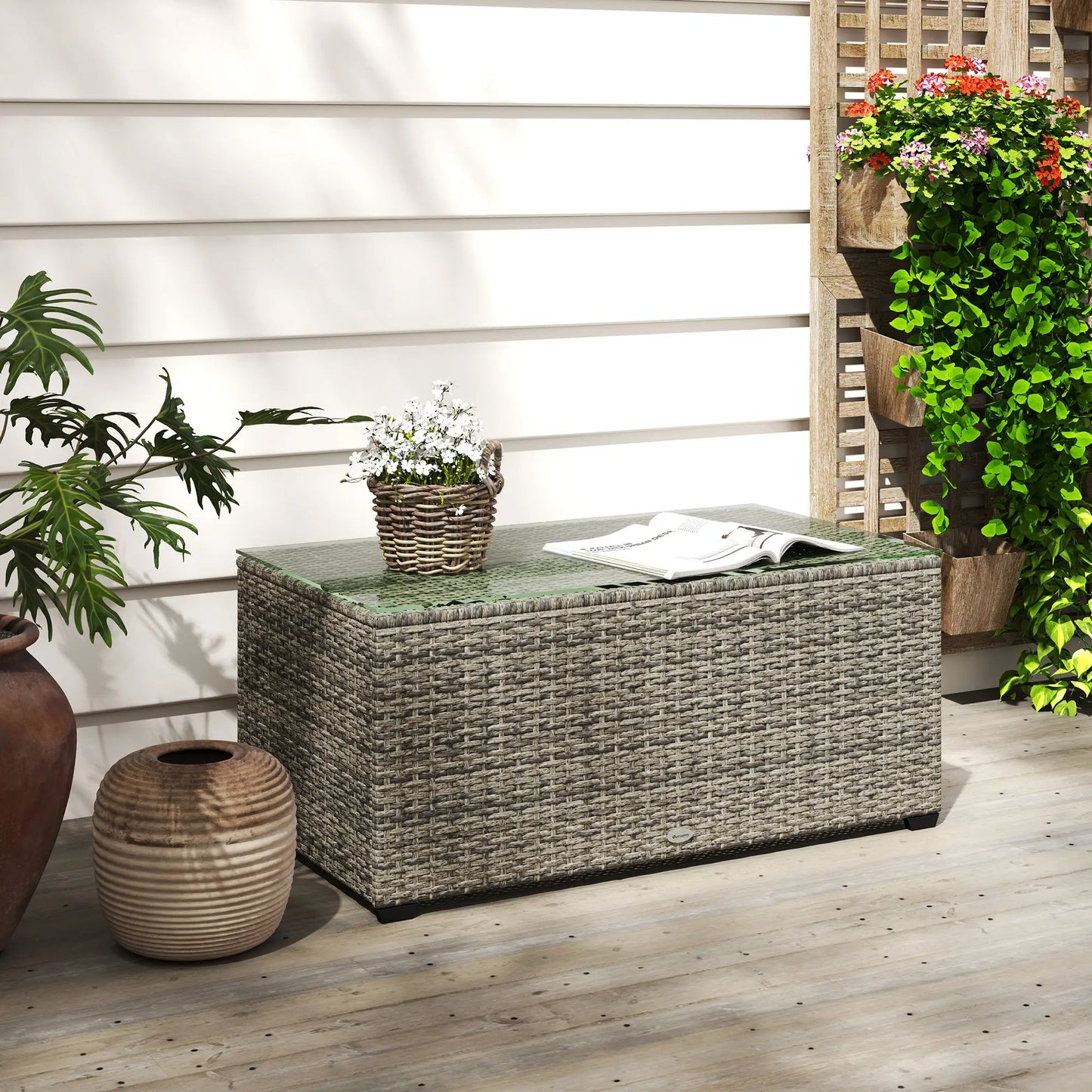 PE Wicker Outdoor Coffee Table, Rectangular Patio Table With Tempered Glass Top, Dark Grey Patio Side Tables at Gallery Canada