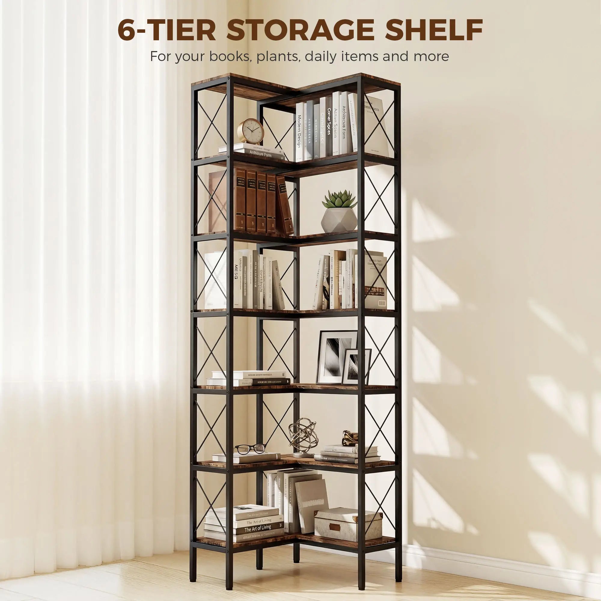 6-Tier L-Shaped Bookshelf, Freestanding Corner Bookcase with Metal Frame, Rustic Brown Display Bookshelves at Gallery Canada